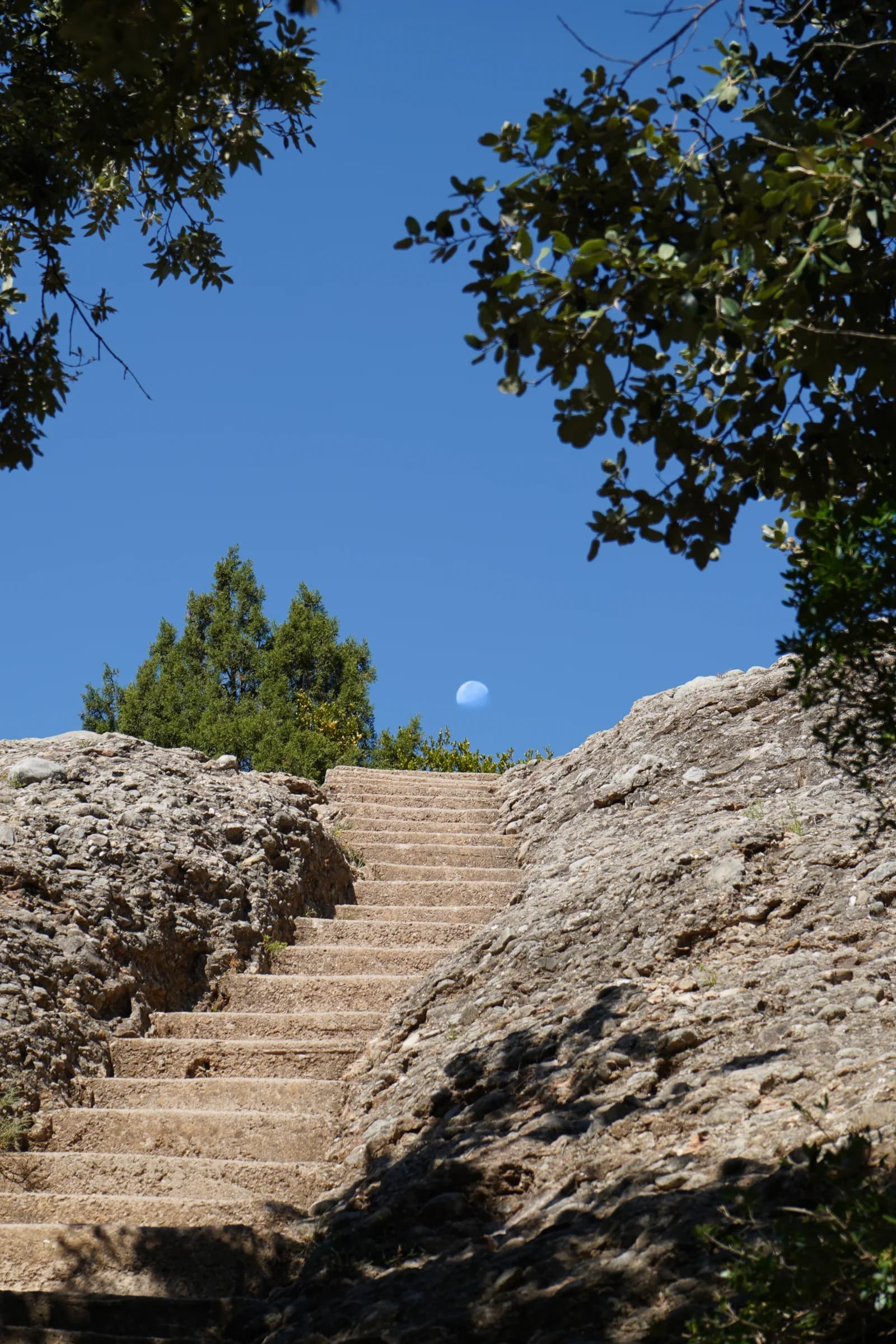Stone stairs climbing through Montserrat with the moon above
